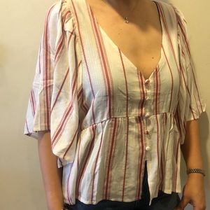 New Linen blouse with red and white stripes
